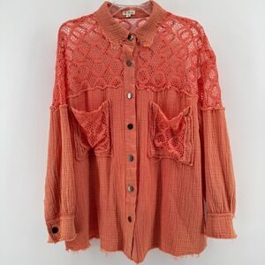 POL Coral Orange Gauze Crochet Lace Button Down Shirt Women Oversized Small Boho